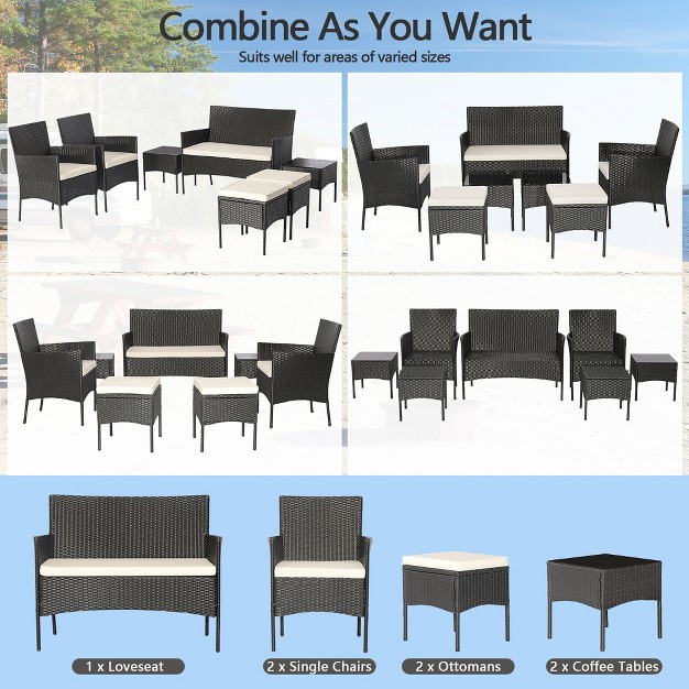 Costway 7pcs Patio Rattan Sofa Furniture Set Table Ottoman Metal Cushioned Outdoor Pool