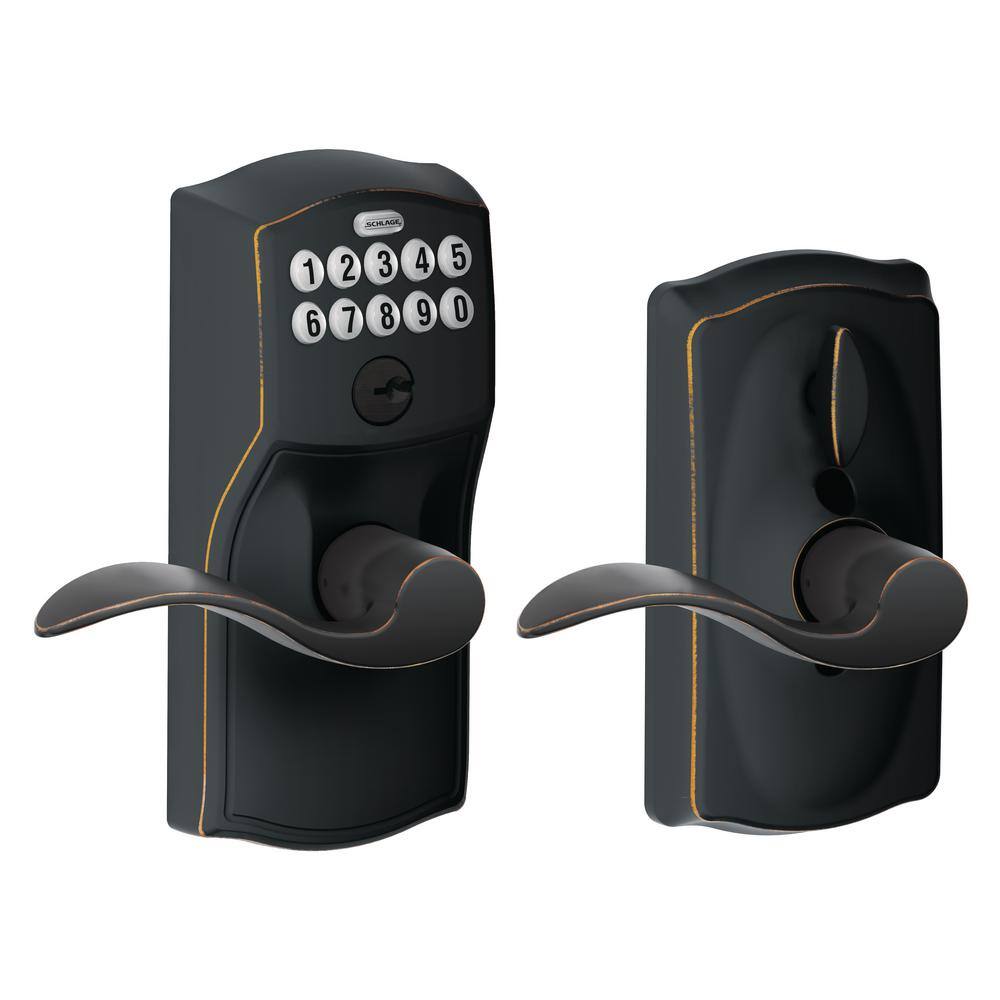 Schlage Camelot Aged Bronze Keypad Door Lock with Accent Handle and Flex Lock FE595 V CAM 716 ACC