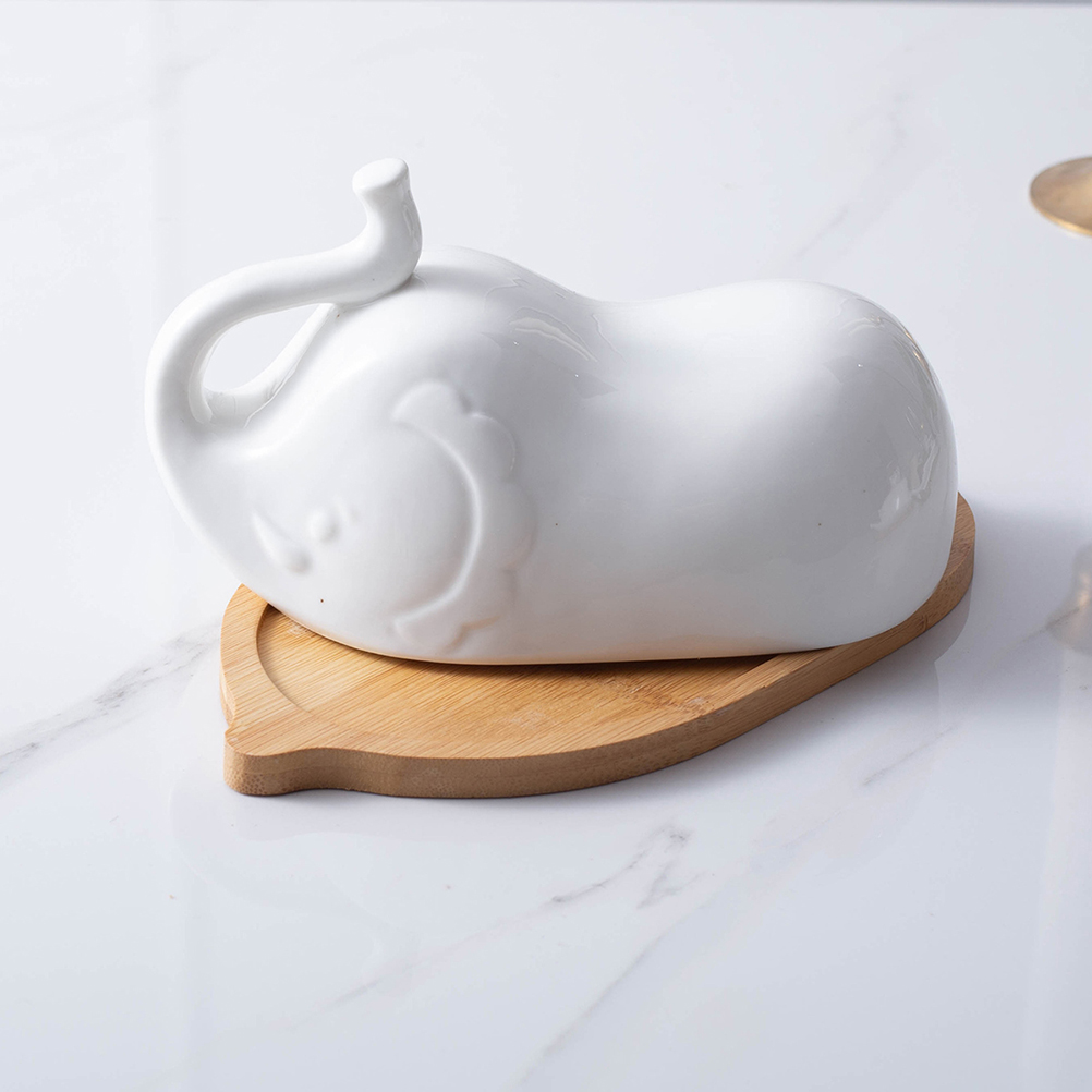 Elephant Shape Butter Dish with Ceramic Lid Simple Wooden Plate Household Tableware for Home Hotel