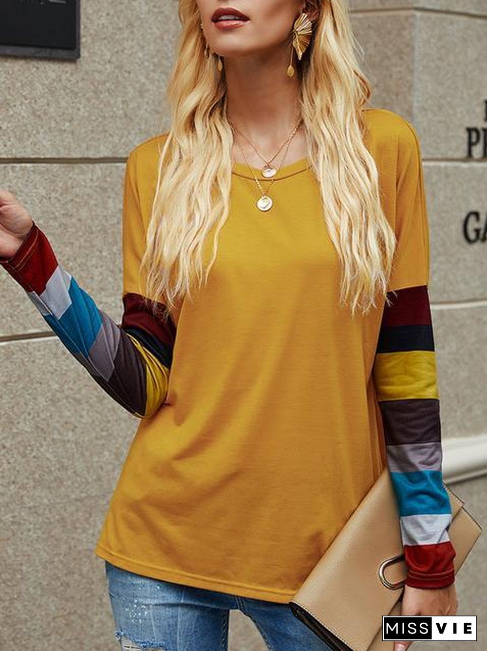 Casual Round Neck Striped Long Sleeve T-Shirt