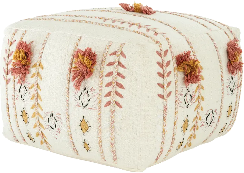 Cream Embroidered Pouf with Applique and Fringe