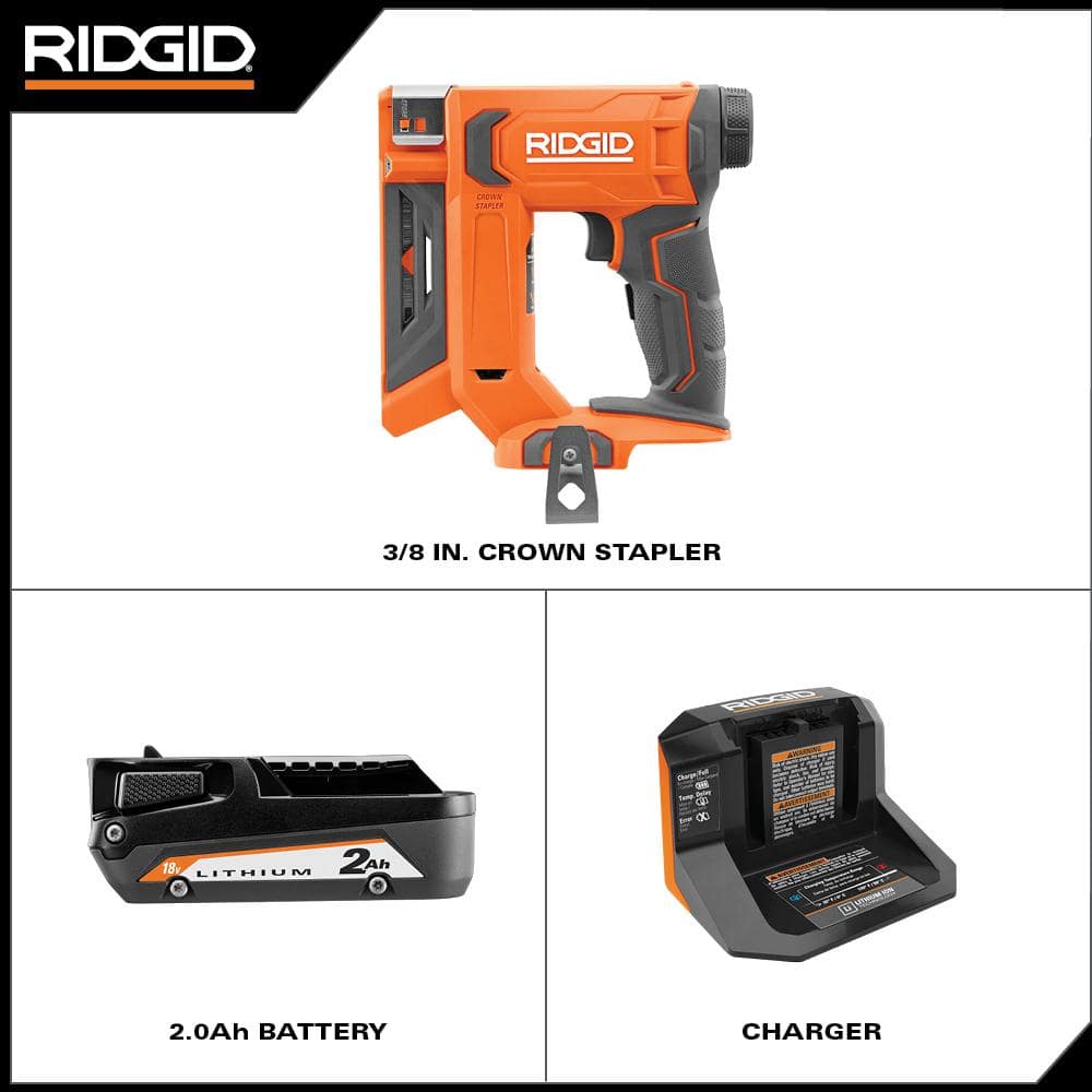 RIDGID 18V Cordless 3/8 in. Crown Stapler Kit with 2.0 Ah Battery and Charger R09897KN