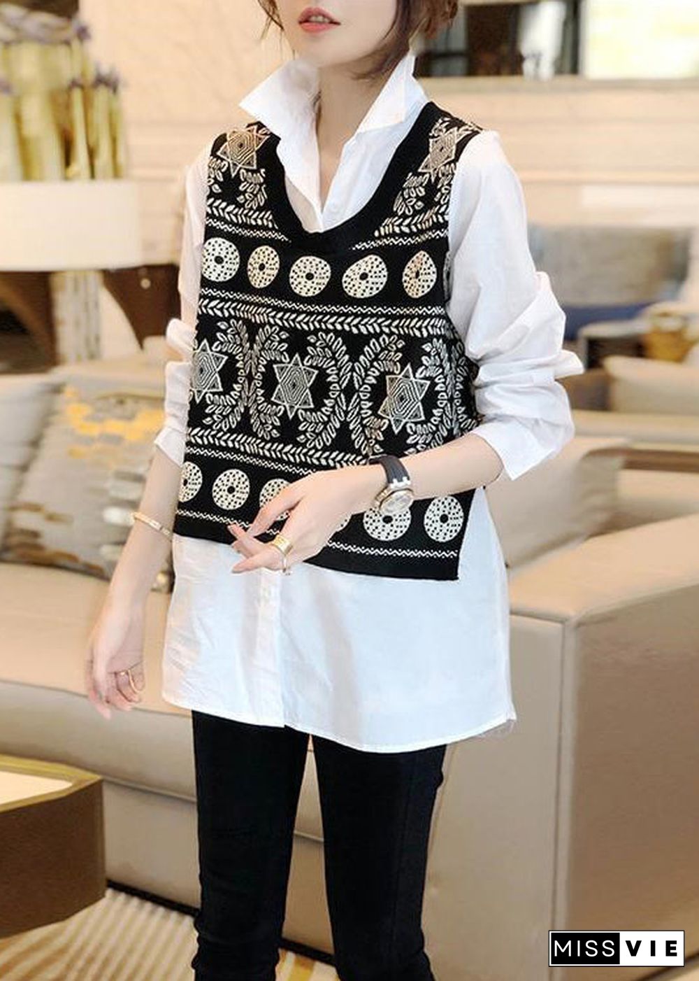 Beautiful Black Knit Vest And White Shirts Two Pieces Set Fall