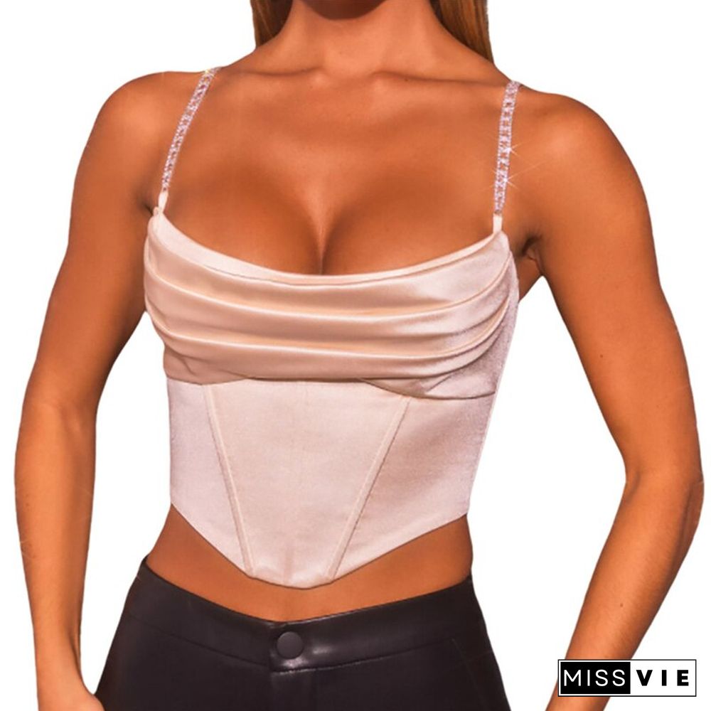 Women\u2022 Fashion Solid Color Camisole Summer Boat Neck Exposed Navel Irregular Chain Suspender Tops Elegant Shirt