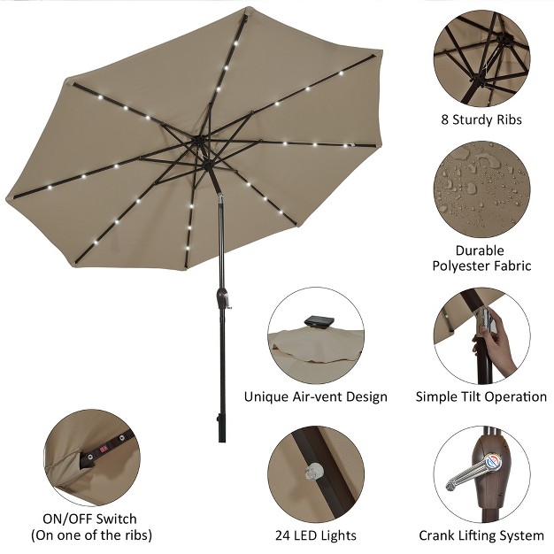 Costway 10 x27 Solar Led Lighted Patio Market Umbrella Shade Tilt Adjustment Crank Tan beige