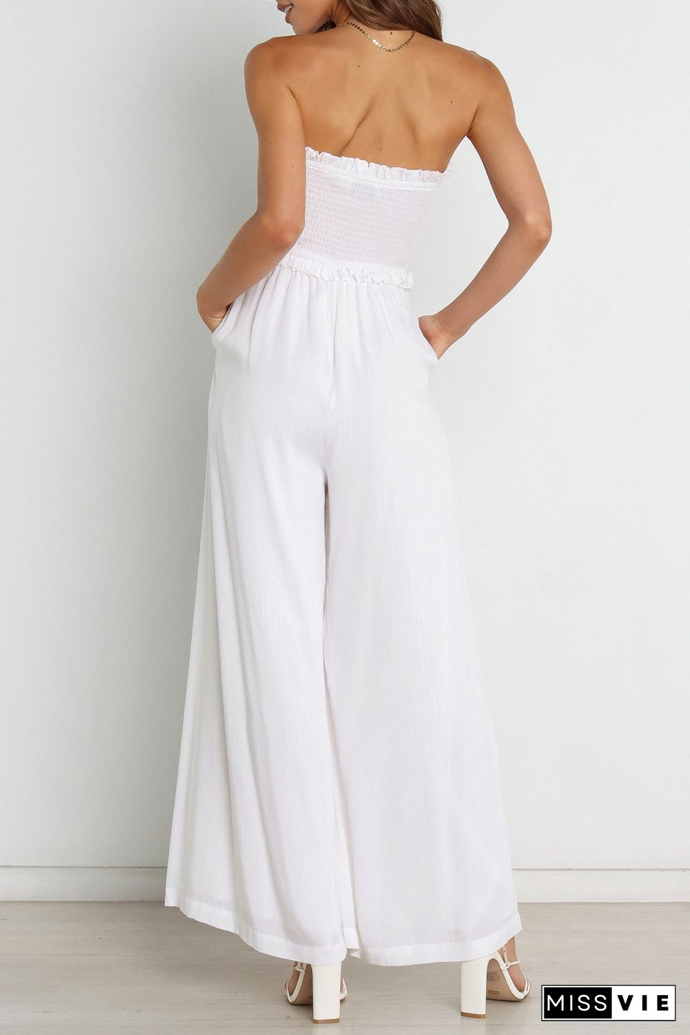 White Smocked Bandeau Wide Leg Jumpsuit