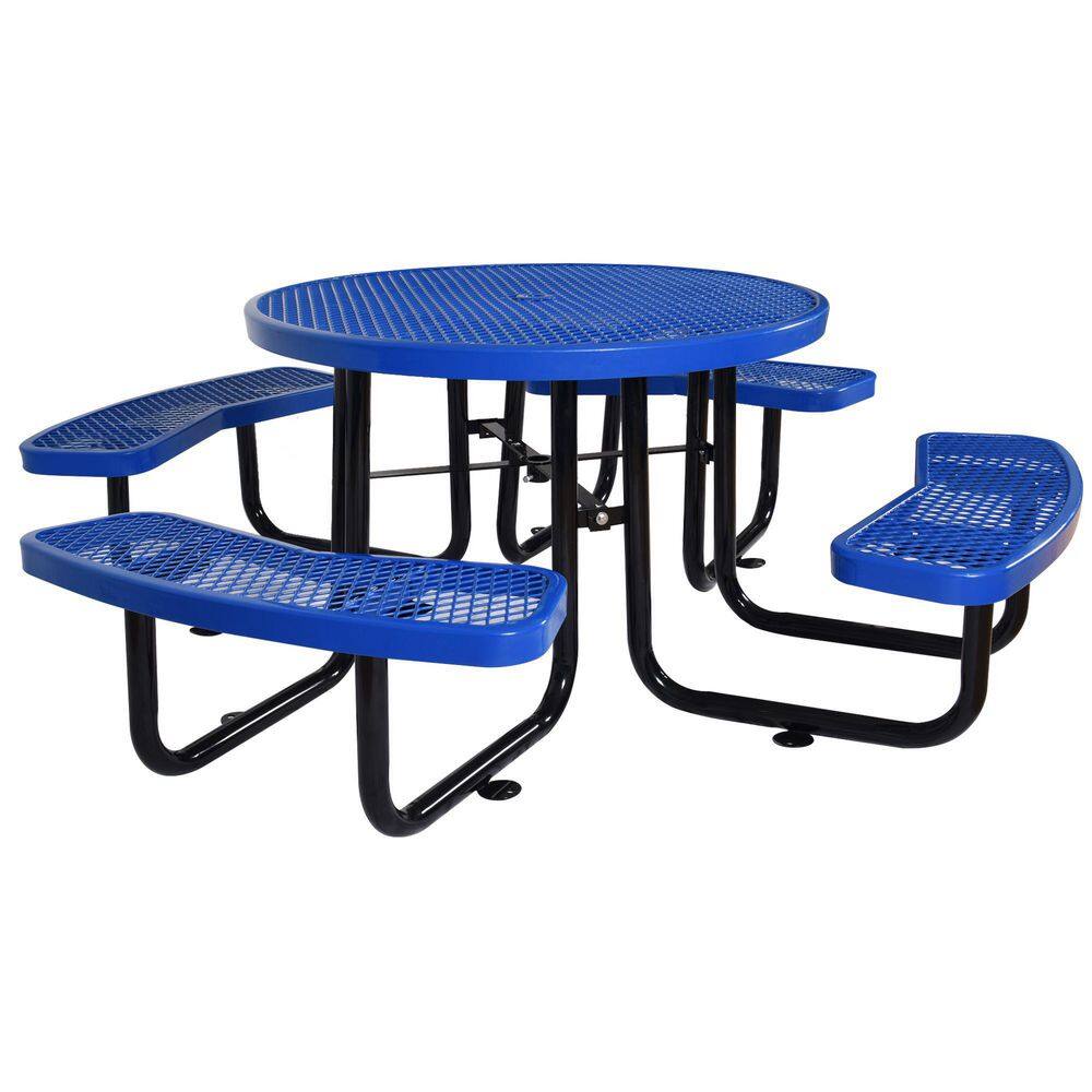 Tatayosi 85 in. x 85 in. x 28.9 in. Round Outdoor Steel Picnic Table Blue with Umbrella Pole J-H-W465S00015