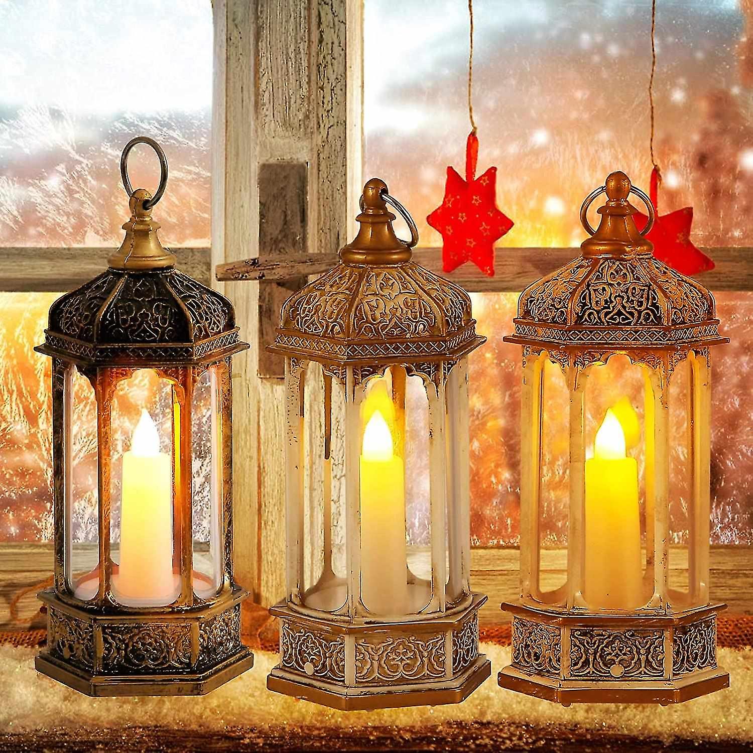 Hexagonal Candle Lantern With Lights， Set Of 3 Decorative Lanterns-6.1 Inch， Lanterns Decorativ