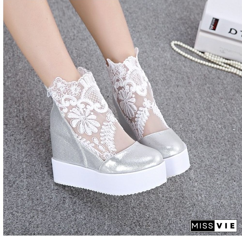 Fashion Women Lace Shoes Wedge Heels Platform Pumps Sandals High Heel Shoes Women's Platform, Lace 3 Colors