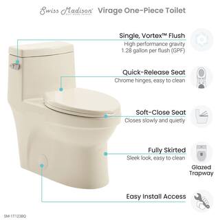 Swiss Madison Virage 1-piece 1.28 GPF Single Flush Elongated Left Side Handle Toilet in Bisque Seat Included SM-1T123BQ