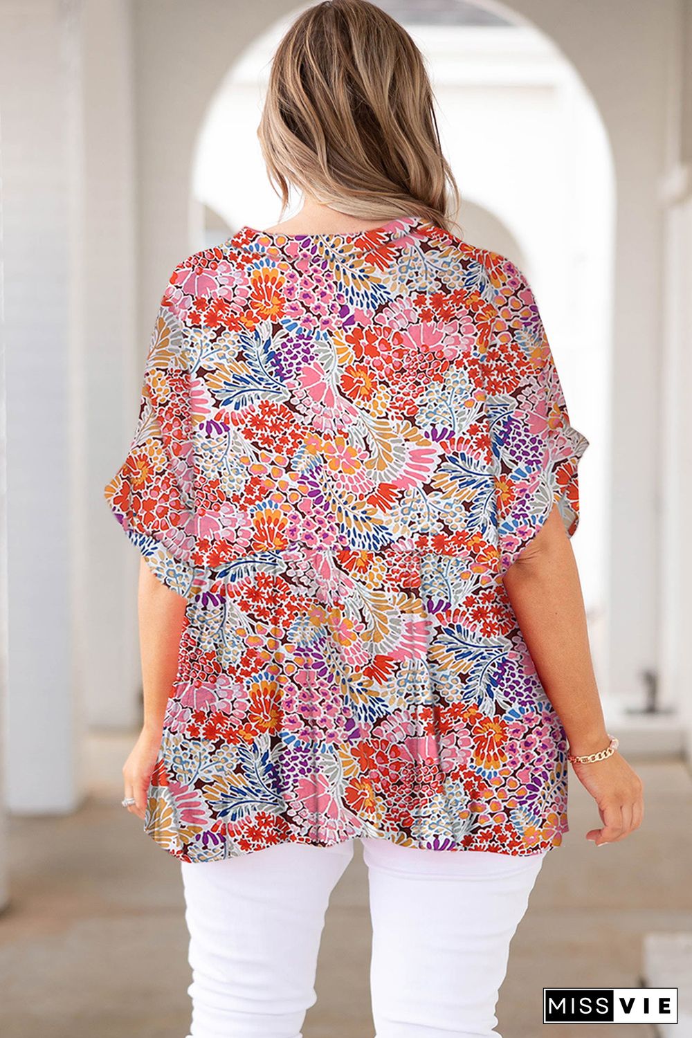 Multicolor Floral V Neck Half Sleeve Plus Size Blouse