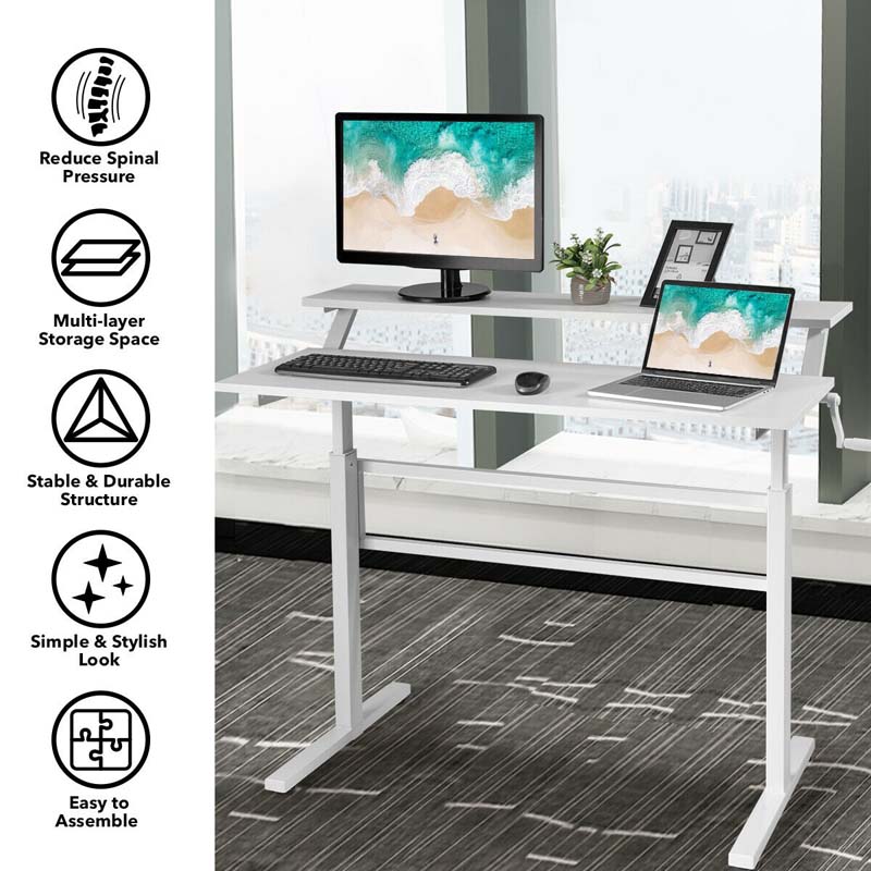 2-Tier Standing Desk, Height Adjustable Sit Stand Up Desk, Computer Desk Workstation with Monitor Stand & Foldable Crank Handle