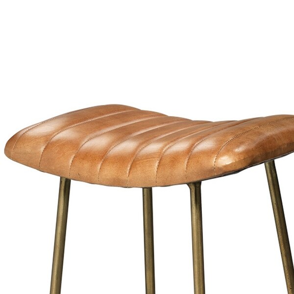 Bar Stool with Stitched Leatherette Seat， Gold and Brown