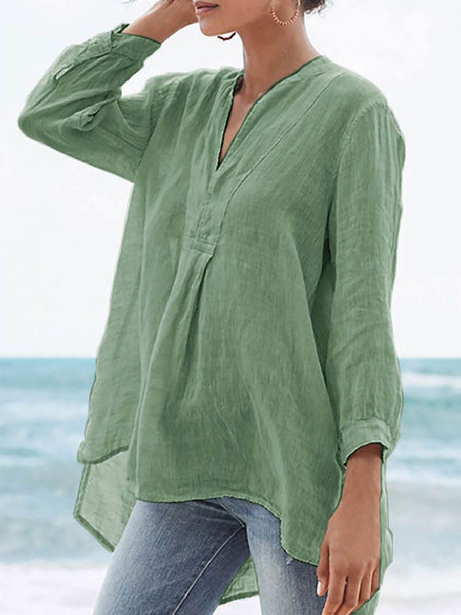 V-neck Loose Casual Solid Color Long-sleeved Blouse