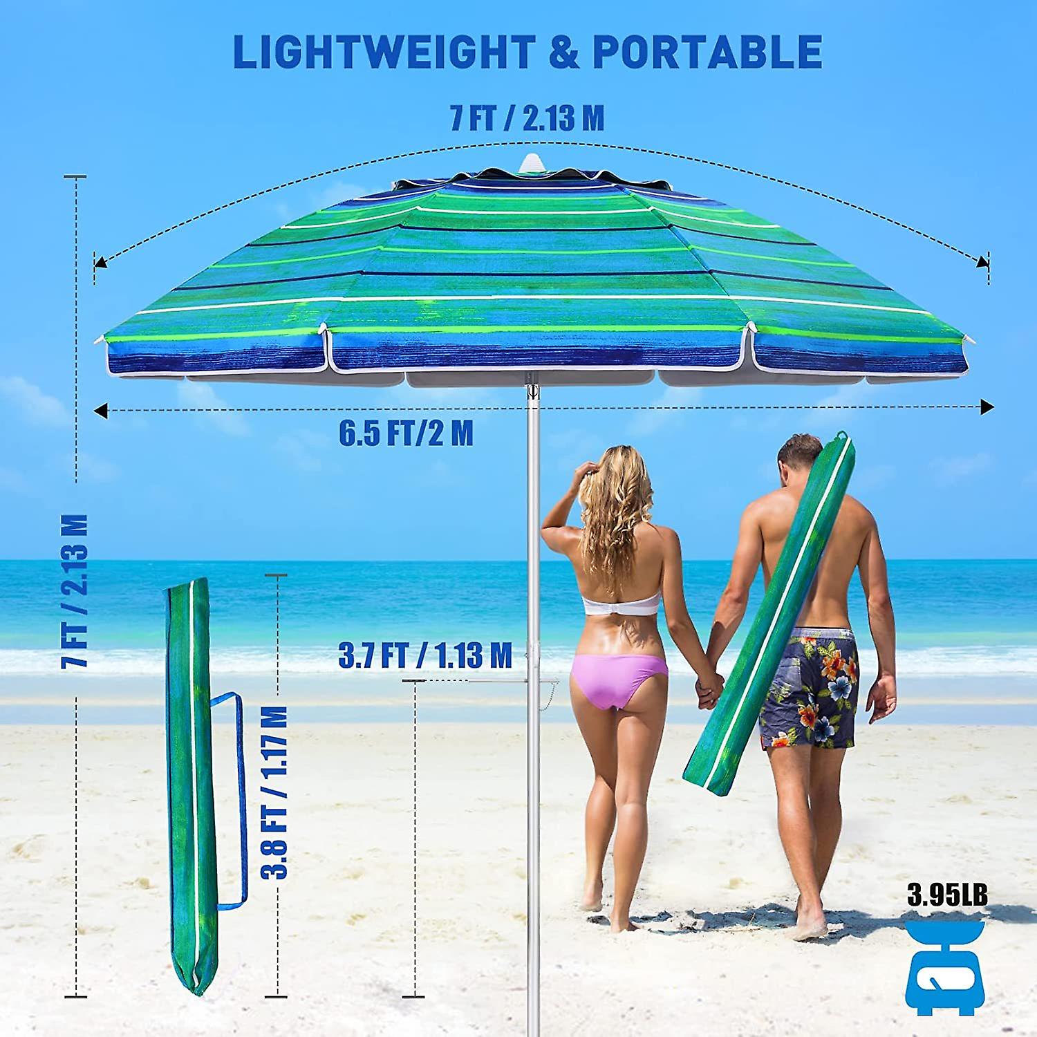 Portable Beach Sand Umbrella Outdoor: 7ft Arc Length 6.5ft Diameter Uv 50+ Large Heavy Duty Wind Proof Umbrella With Anchor And Adjustable Tilt Pole -