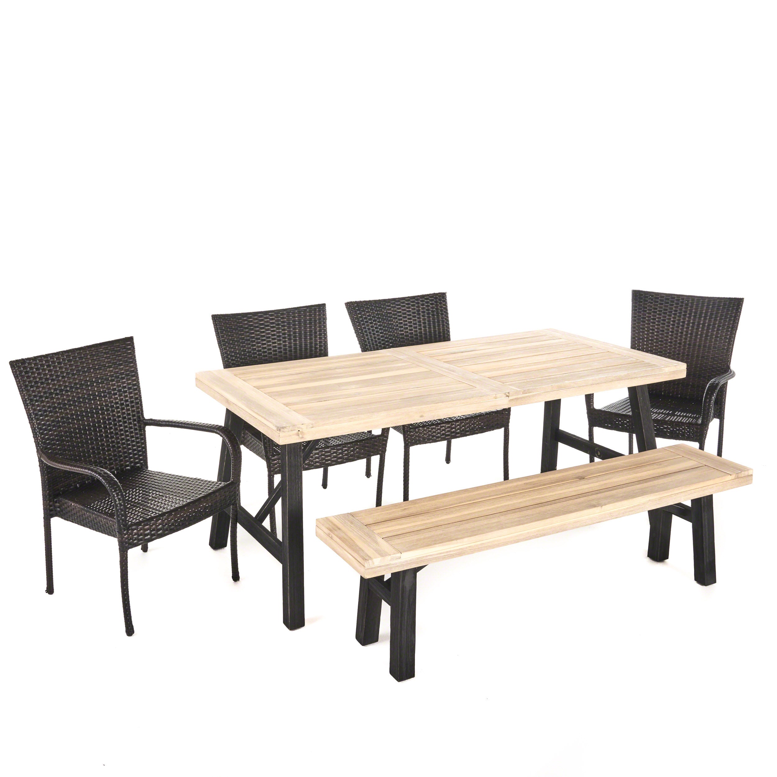 Porto Outdoor 6 Piece Acacia Wood Dining Set with Wicker Stacking Chairs