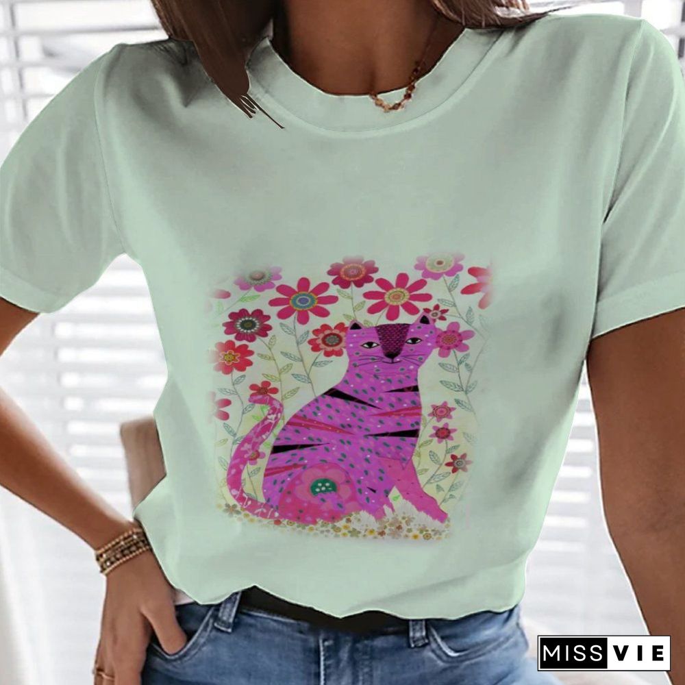 Summer 3D Cute Cat T-shirt Women's Round Neck Street Style Harajuku Loose And Comfortable Fashion Shirt