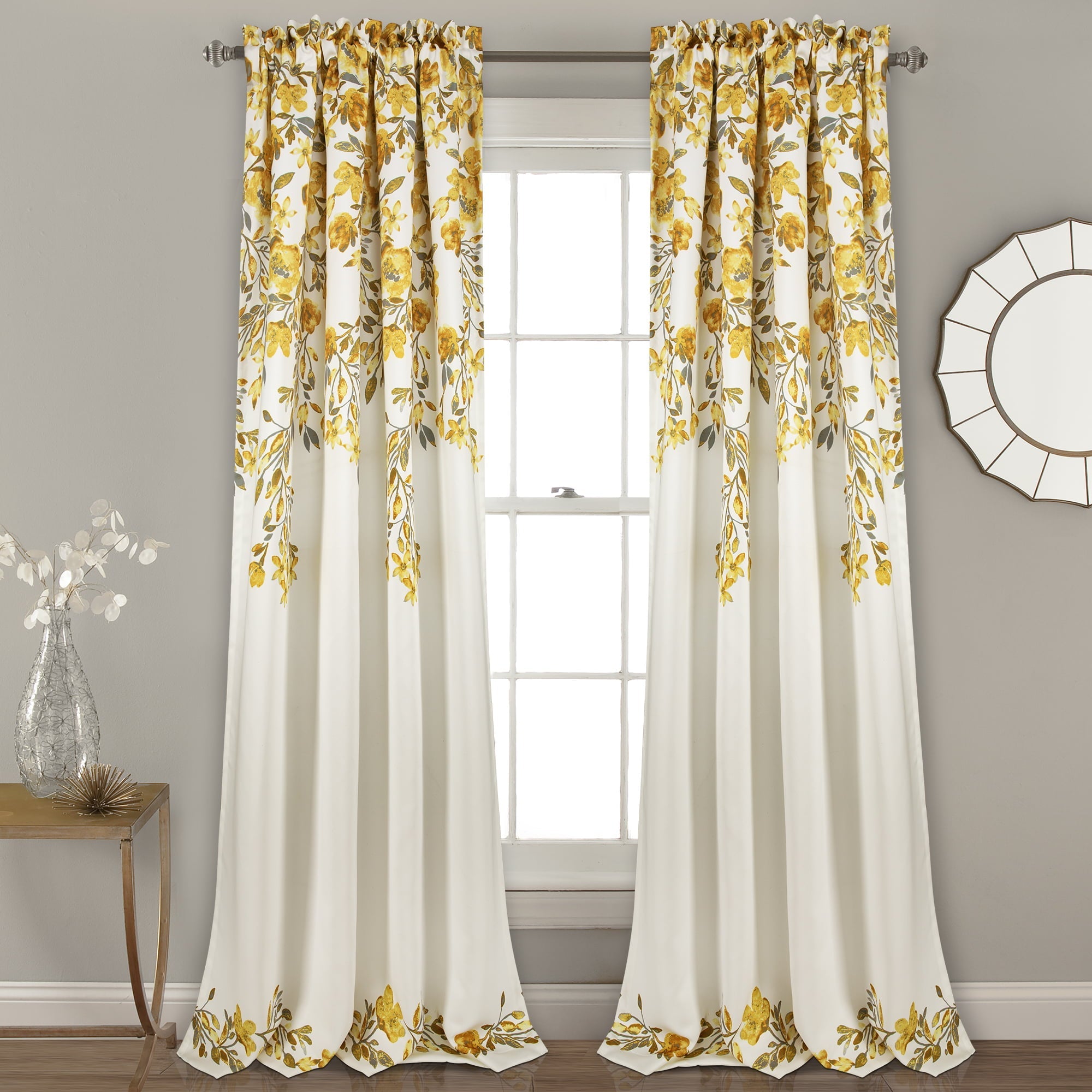 Lush Decor Tanisha Room Darkening 84" x 52" + 2" Header Floral Yellow 3" Rod Pocket 2-Pc Set Window Panel