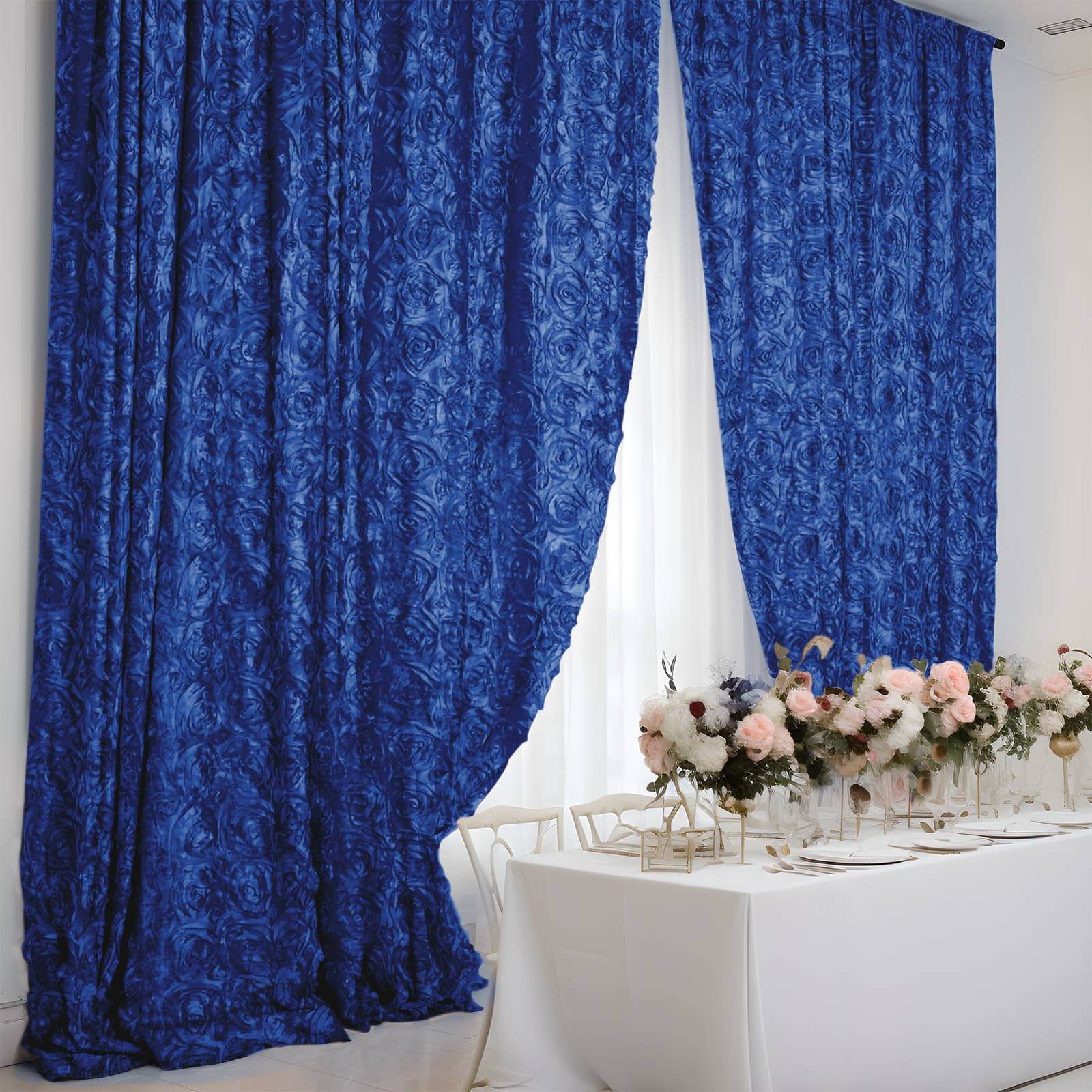 Royal Blue Satin Rosette Backdrop Drape Curtain, Photo Booth Event Divider Panel - 8ftx8ft