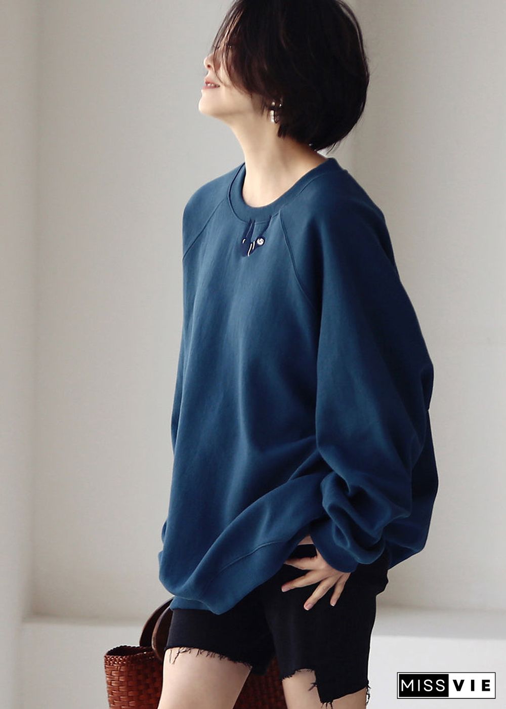 Cute Blue O-Neck Embroideried Cotton Sweatshirts Fall