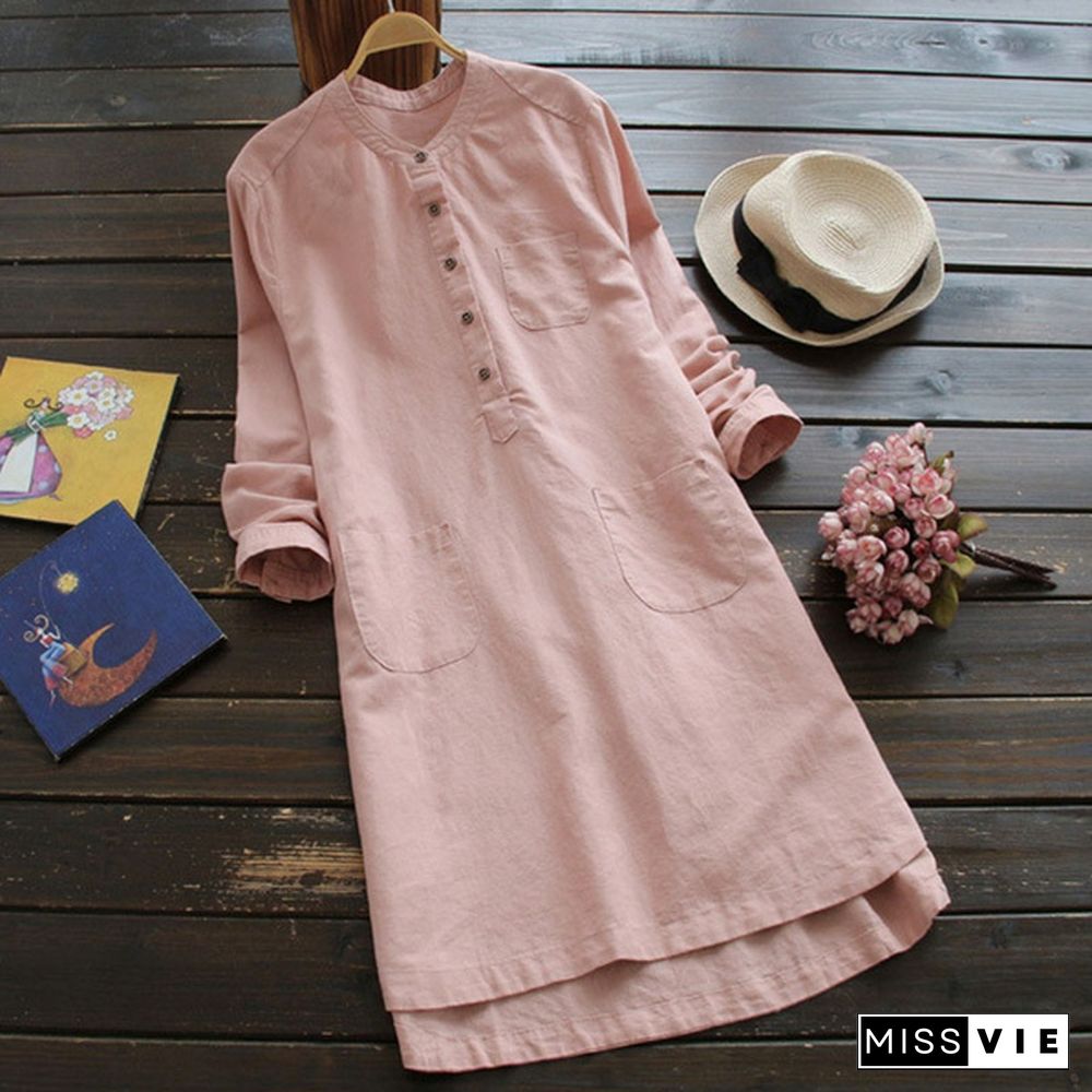 Women Long Sleeve Buttons Neck Long Shirt Dress Mini Dress Tops Mini Robe Plus