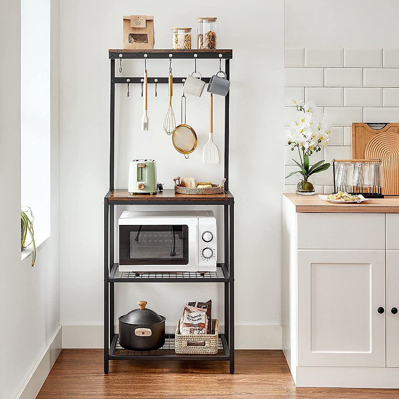 Industrial Brown Baker's Rack with Shelves and Hooks