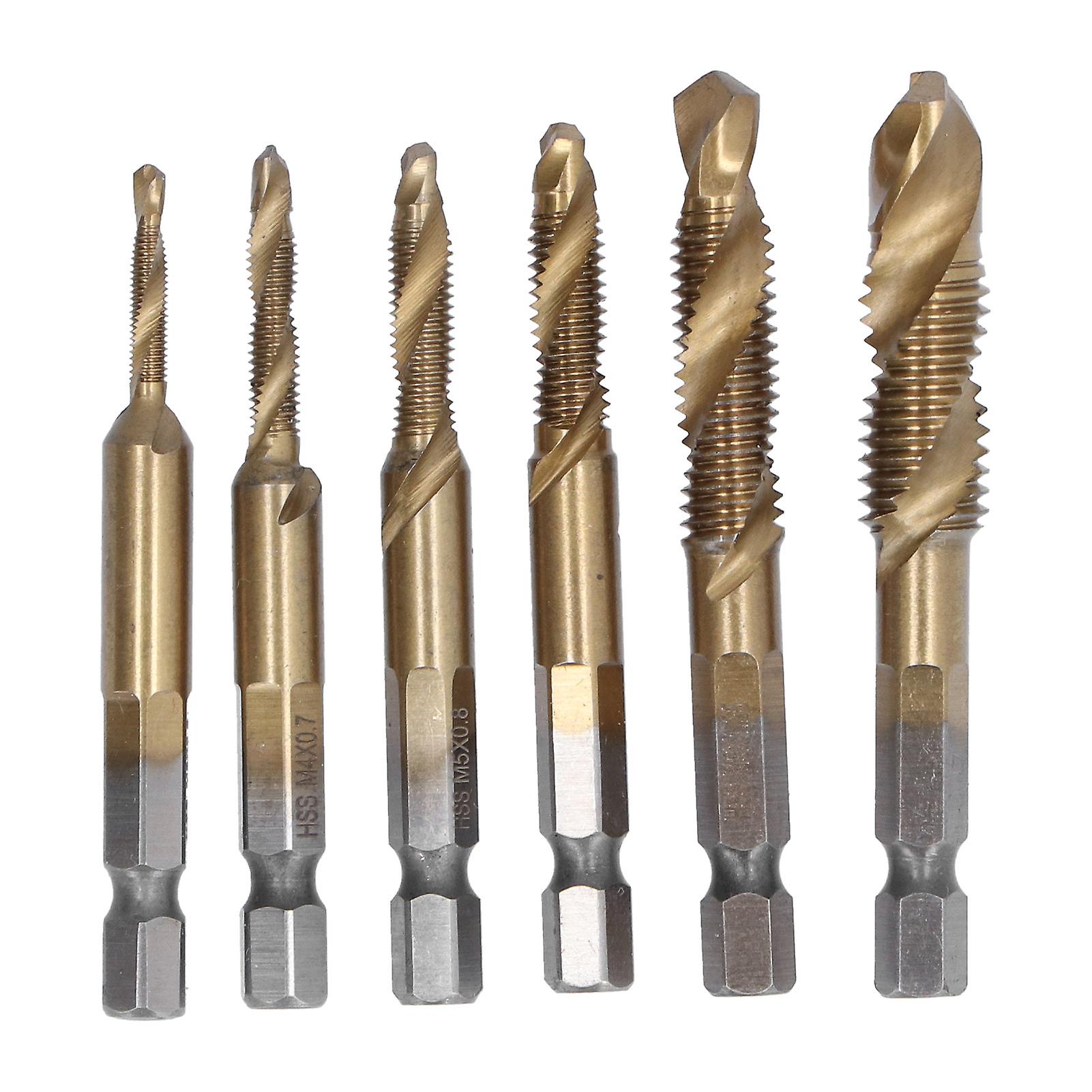 6pcs Combination Drill Tap Bit 1/4in Hex Shank Spiral Tapping Chamfering Drilling Bits M3m10