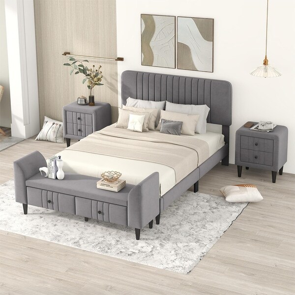 4-Pieces Upholstered Bedroom Sets w/ Platform Bed and 2 Nightstands and Storage Bench - - 37522169