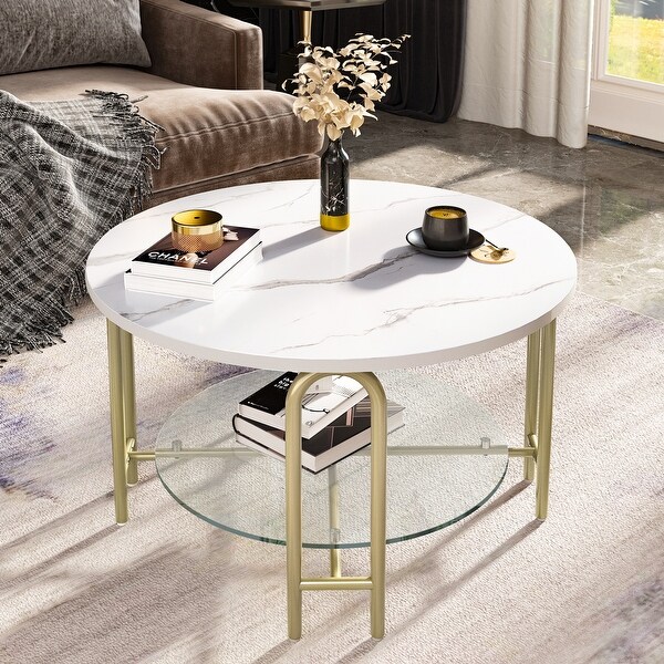 Round Coffee Table with Glass White Marble Top Gold Frame