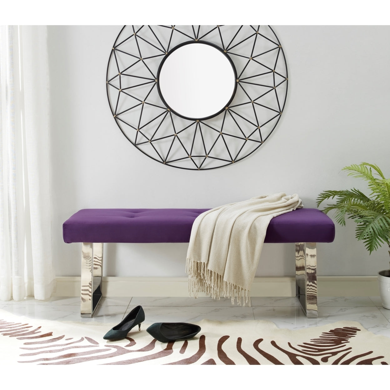 Estela Velvet Bench-Stainless Steel Legs-Tufted-Living-room, Entryway, Bedroom-by Inspired Home