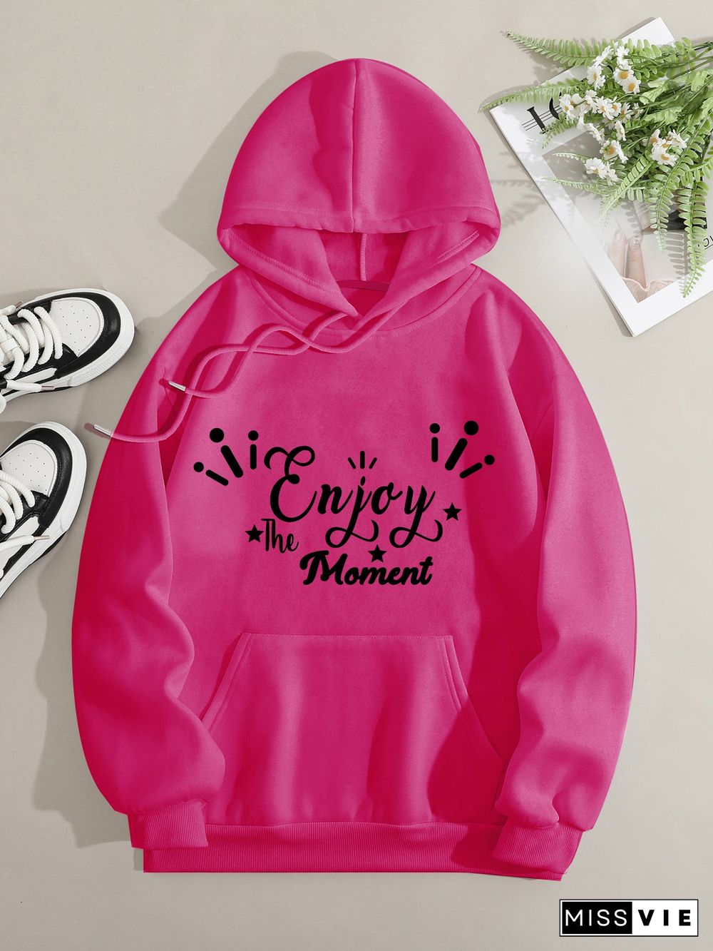 Printed on front Kangaroo Pocket Hoodie Long Sleeve for Women Pattern Enjoy the Moment