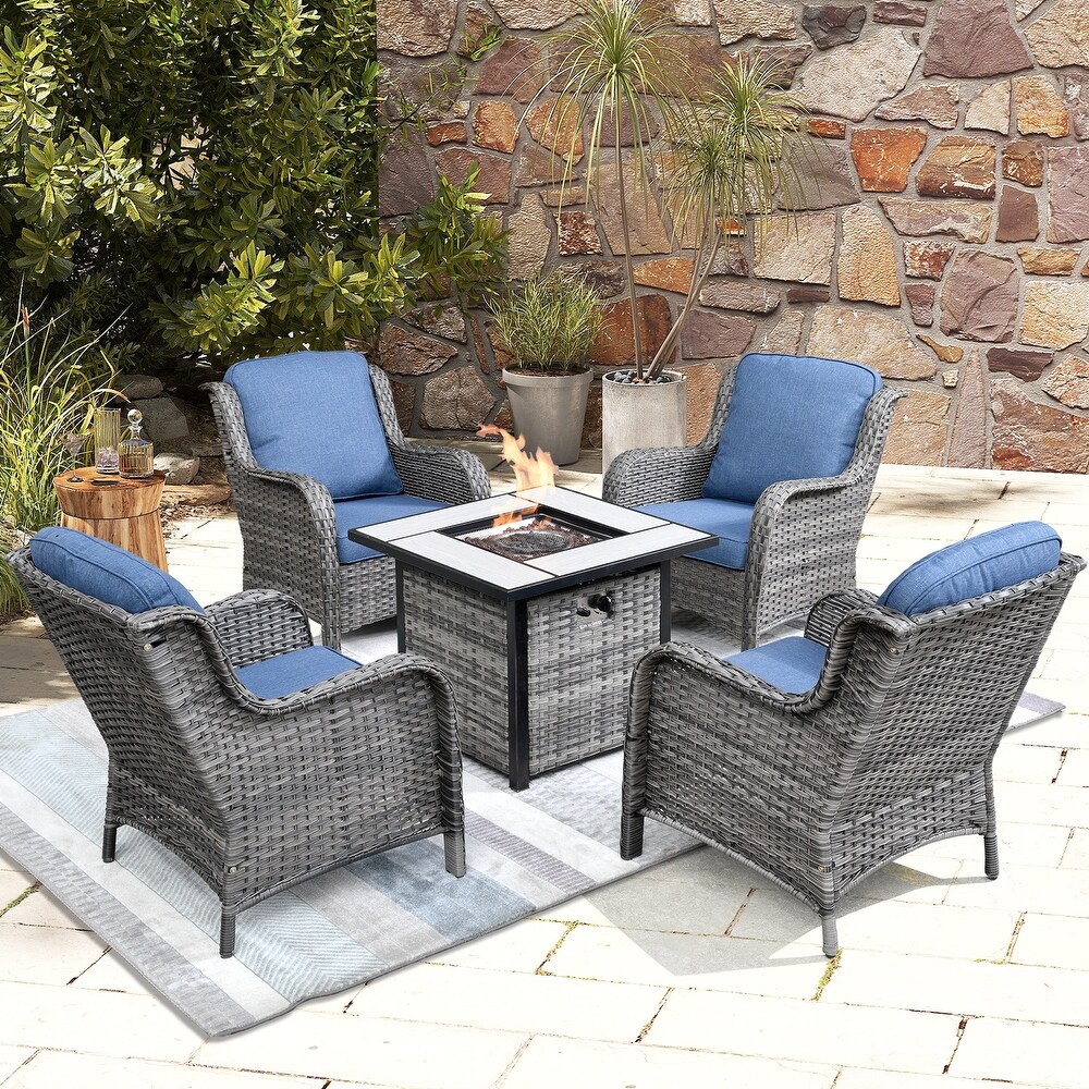 OVIOS Rattan Wicker 5 piece Patio Furniture Set Single Chairs With Fire Pit