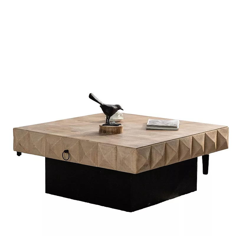 F.C Design 41.33 Three-dimensional Embossed Square Coffee Table with 2 Drawers and MDF Base