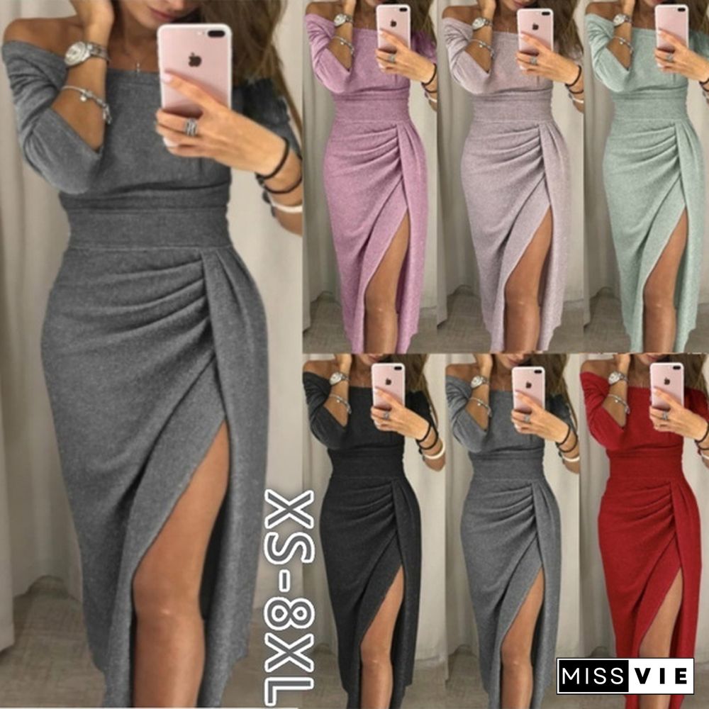 Women Off Shoulder Party Dresses High Slit Bodycon Dress Long Sleeve Fashion Prom Dress Skirt Plus Size Xs-8Xl