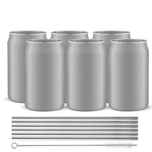 Joyjolt Stainless Steel Can Drinking Tumblers 6 Pack Of Tumblers Straws amp 1 Brush 16 Oz Gray