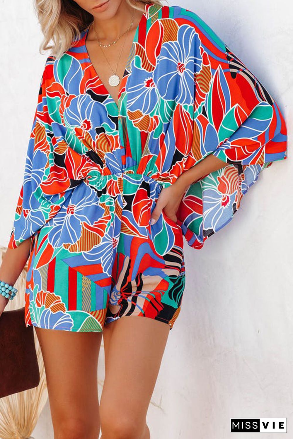 Multicolor Floral Print V Neck Kimono Sleeve Romper