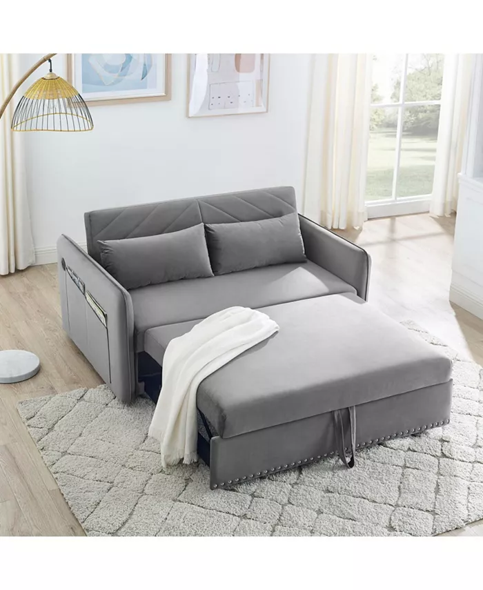 Simplie Fun Pull-out sofa sleeper 3-in-1 adjustable sleeper with pull-out bed 2 lumbar pillows and side pocket soft velvet convertible sleeper sofa bed suitable for living room bedroom.