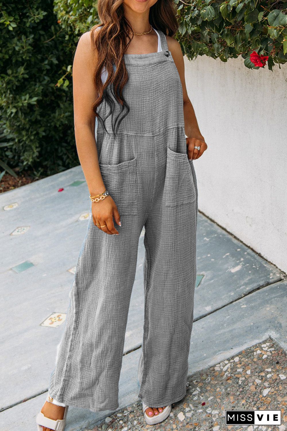 Plain Texture Wide Leg Cami Jumpsuit