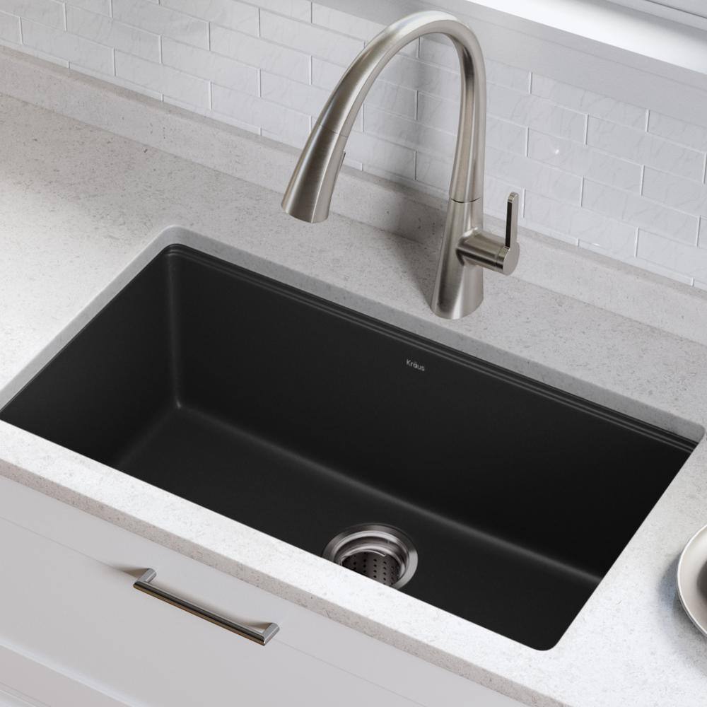 KRAUS Undermount Granite Composite 32 in. Single Basin Kitchen Sink Kit in Black KGU-413B