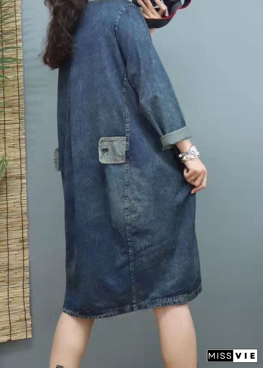 Handmade Blue V Neck Patchwork denim Dresses Winter