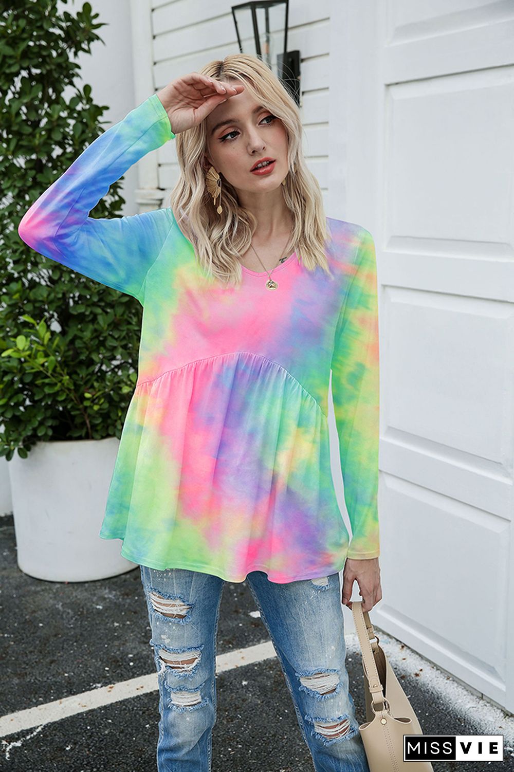 Multi-colored Tie Dye Long Sleeve Loose T-shirt