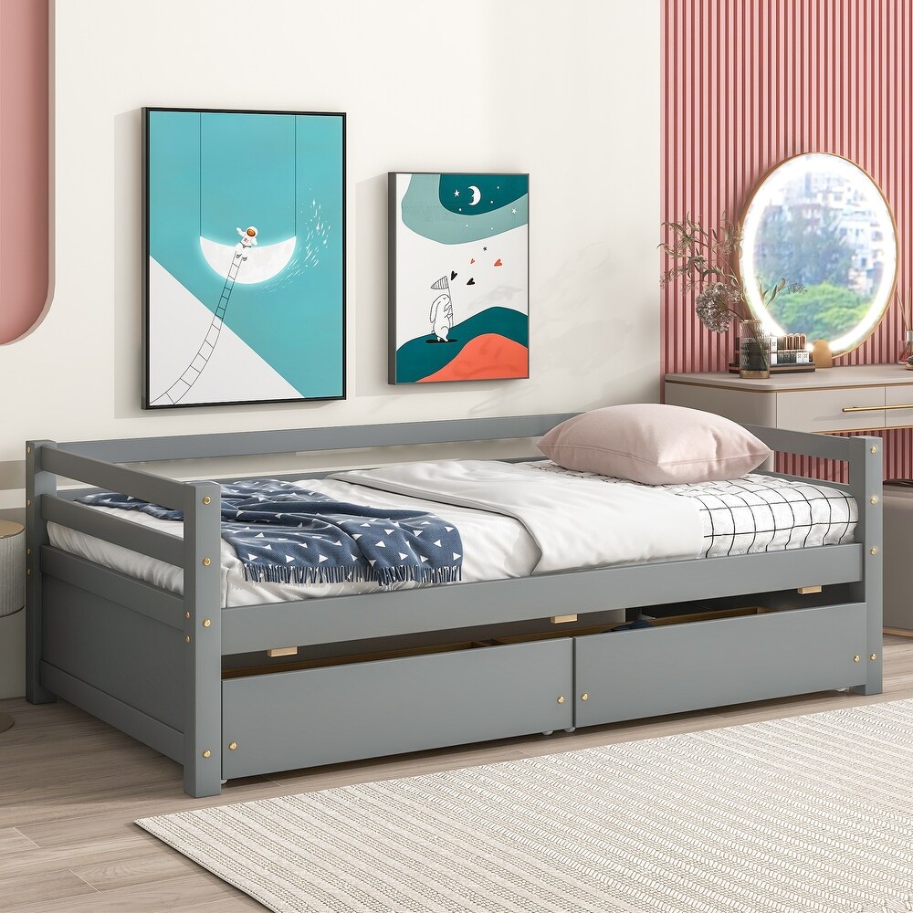 Twin Size Upholstered Daybed w/ Drawers Storage Platform Bed Frame for Kids  Teens  Girls  Boys  Easy Assembly/Space Saving