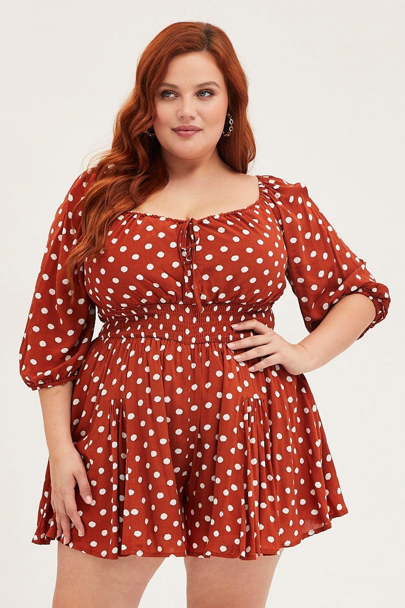 Polka Dot Playsuit Square Neck Long Sleeve