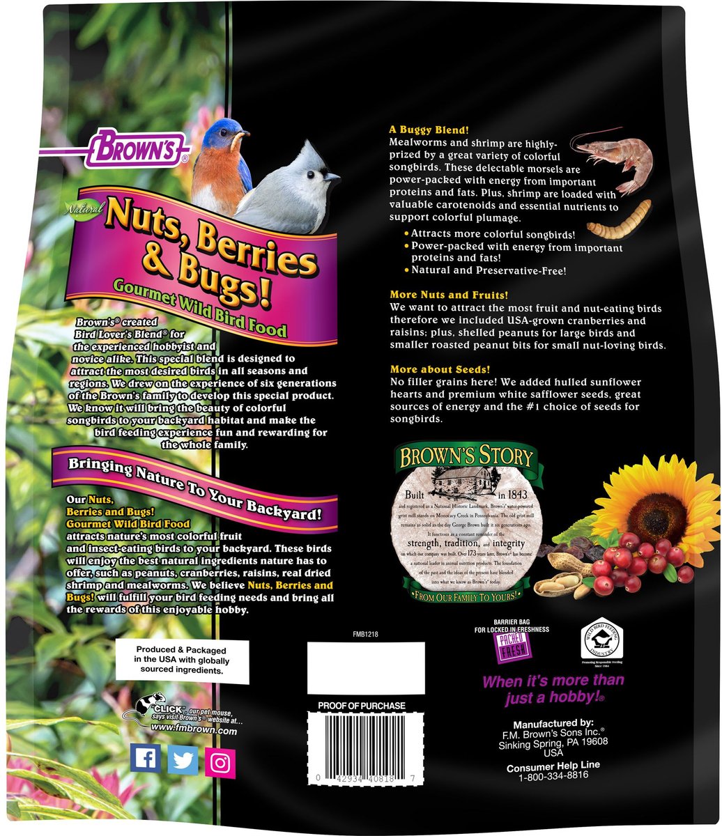 Brown's Bird Lover's Blend Nuts， Berries and Bugs! Gourmet Wild Bird Food