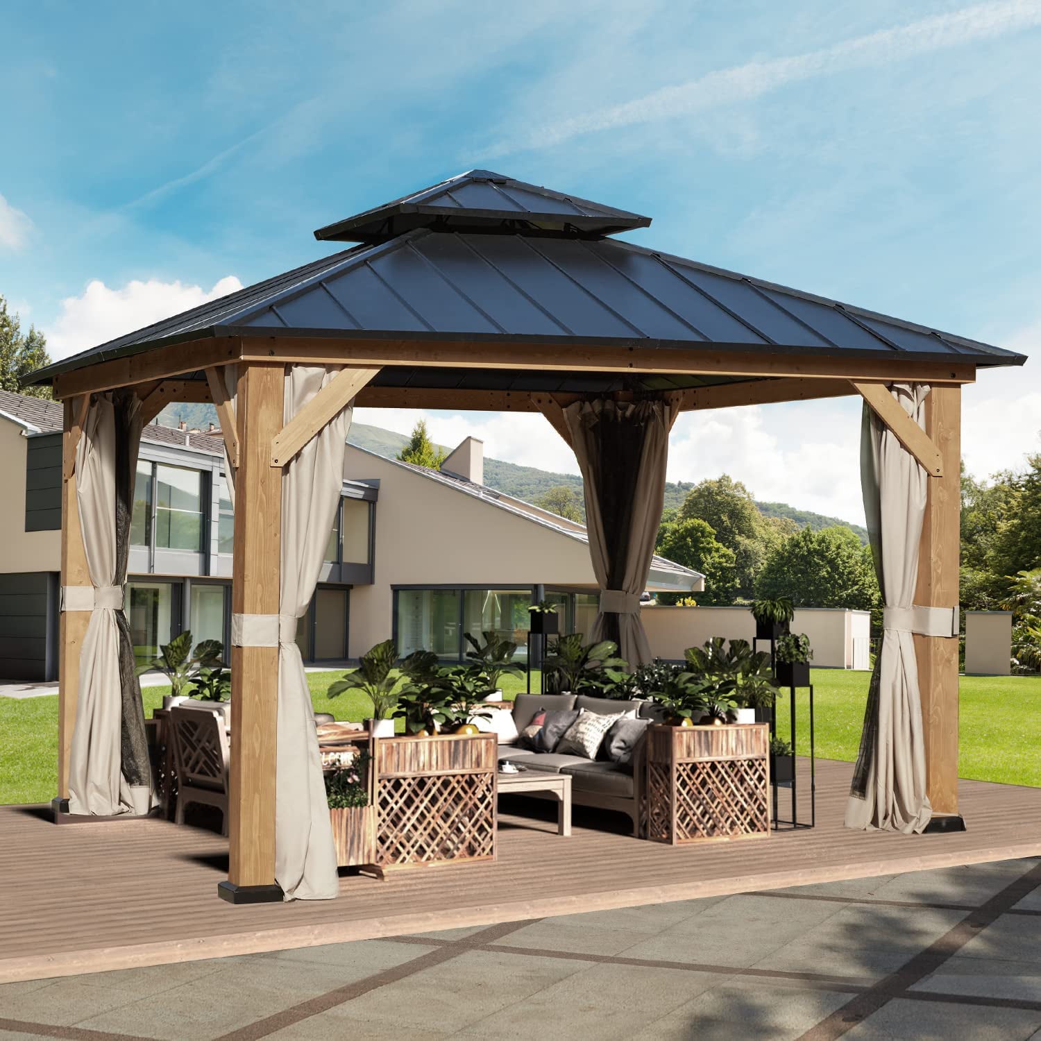 Mellcom 11' x 11' Solid Wood Gazebo, Outdoor Hardtop Gazebo with Curtains and Mosquito Netting, for Patio, Garden, Backyard