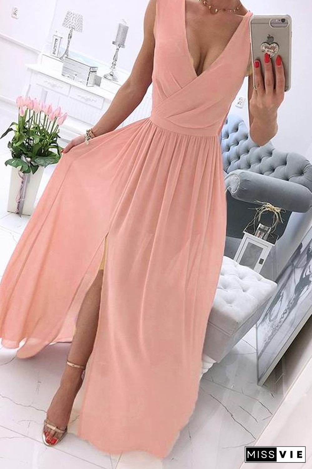 Deep V Neck Slit Maxi Dress