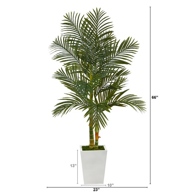 Nearly Natural 5.5-ft Golden Cane Artificial Palm Tree In White Metal Planter