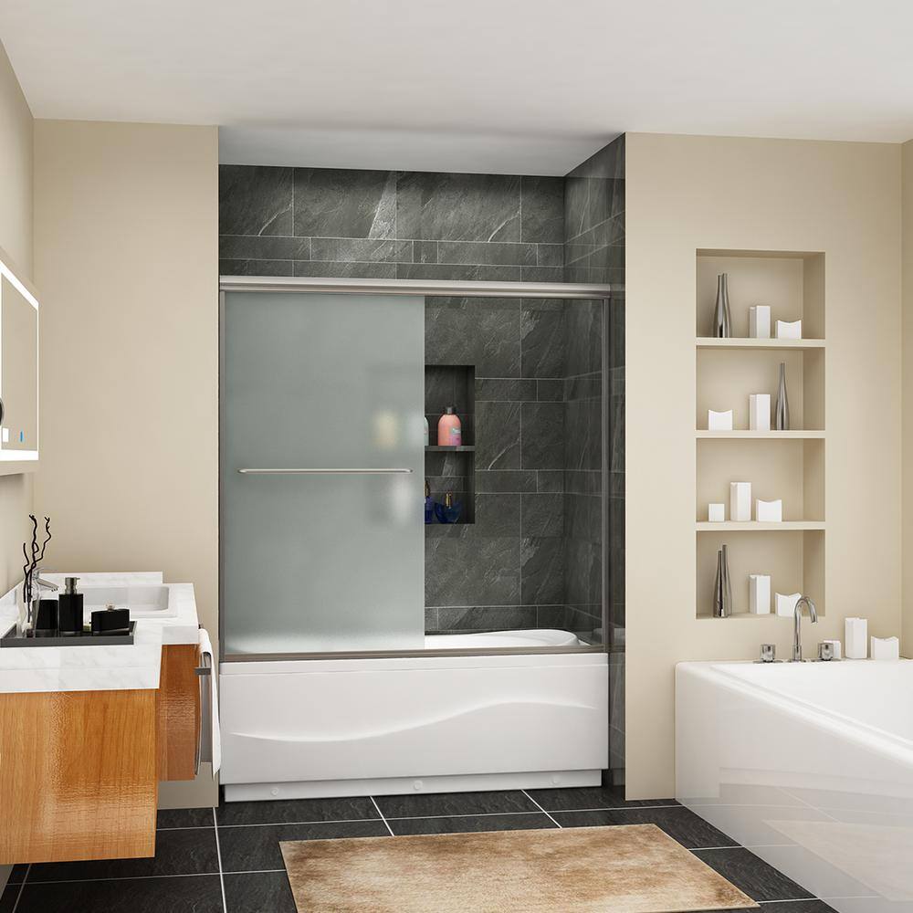 FORCLOVER 60 in. W x 57-38 in. H Sliding Semi Frameless Tub Door in Brushed Nickel Finish with Frosted Glass SND16FG-6057BN