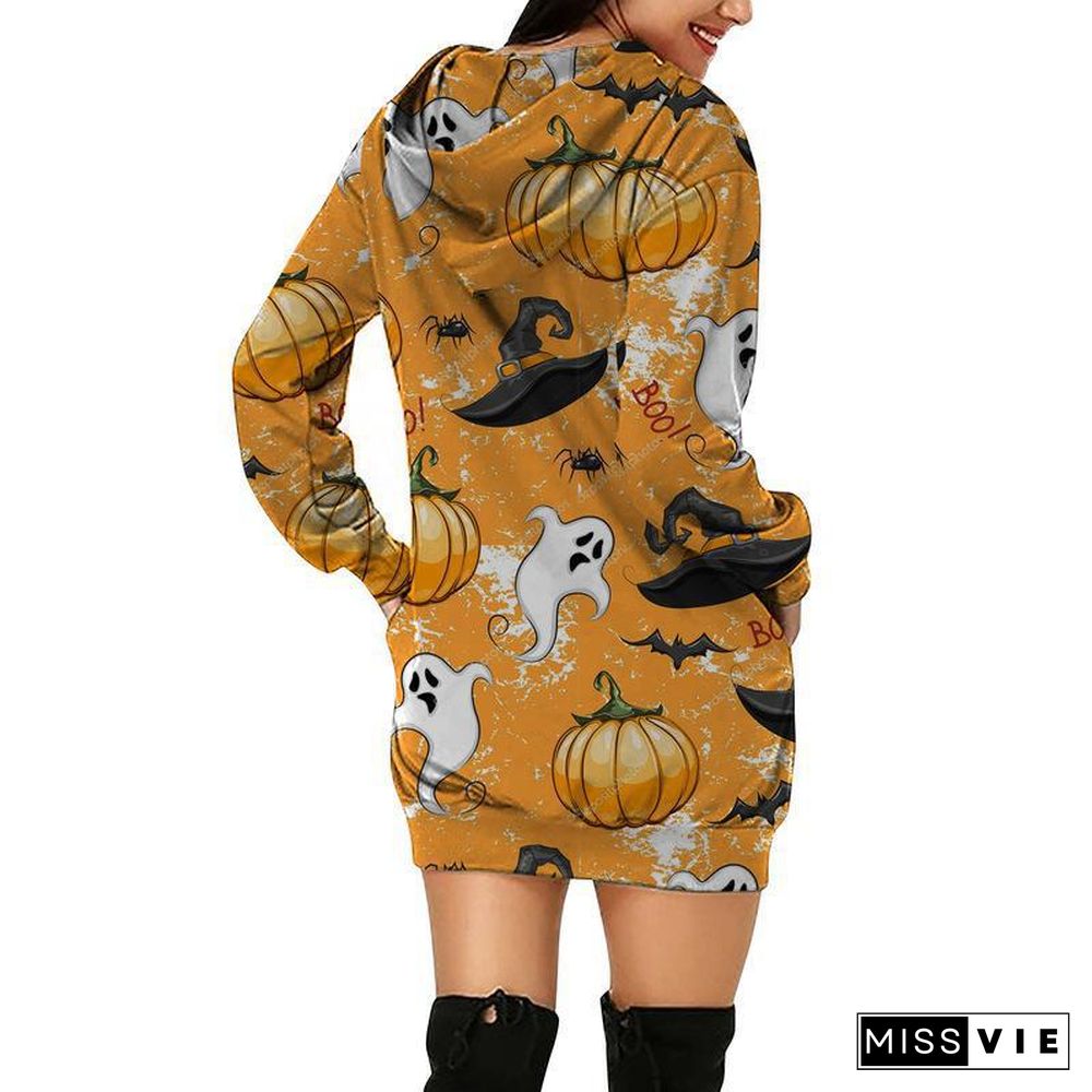 Casual Long Sleeve Graphic Print Hoodie Sweatshirt Mini Dress