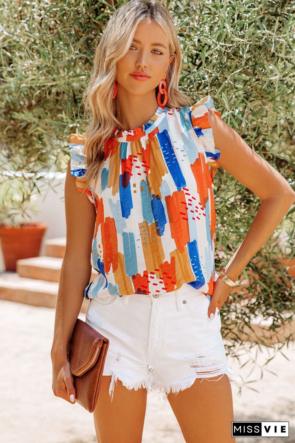 Multicolor Printed Ruffle Flutter Sleeve Tank Top